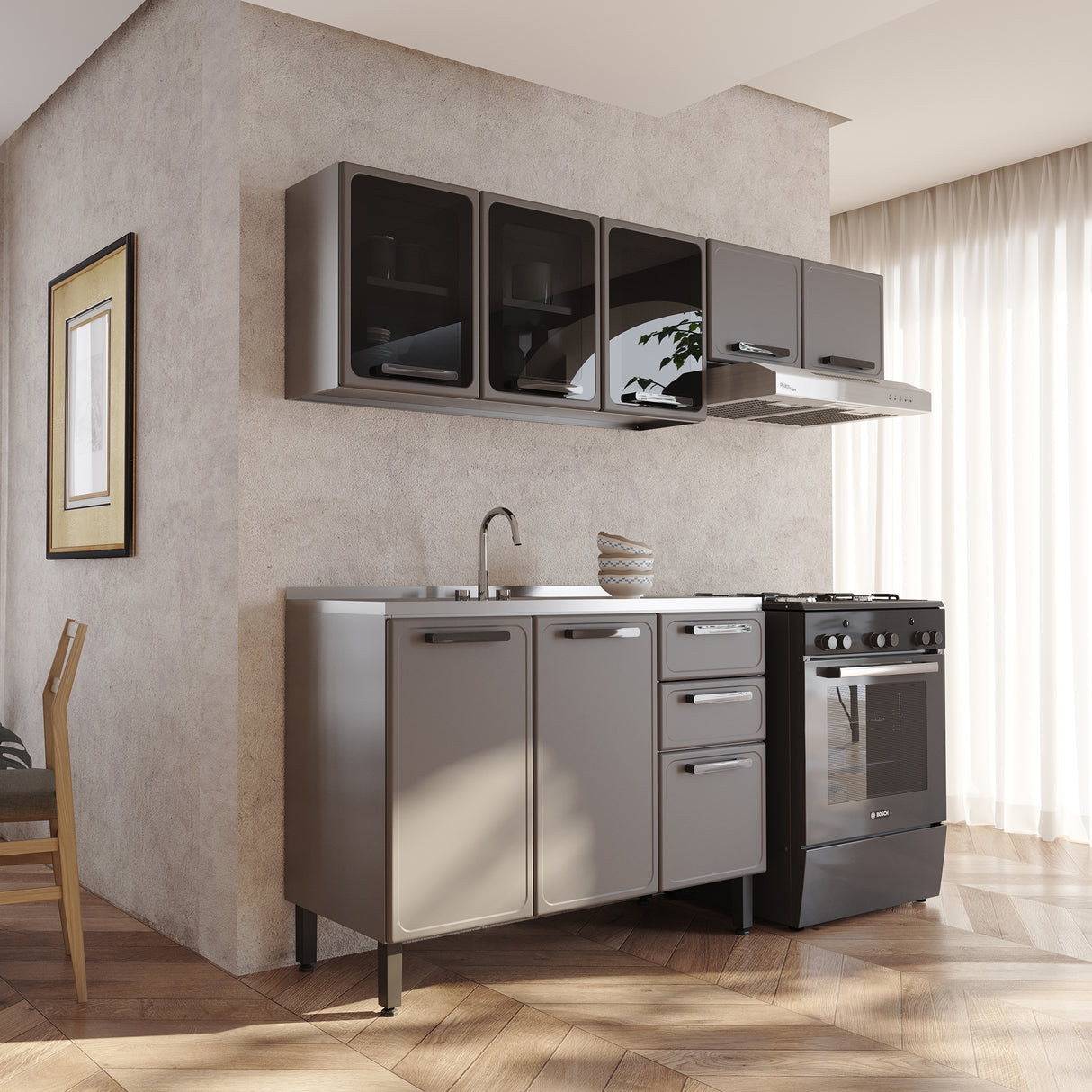 Cocina Integral Gris 200x89cm Con Mesón Con Pozuelo Centro y Puerta de Vidrio - Cocinas | Bylmo