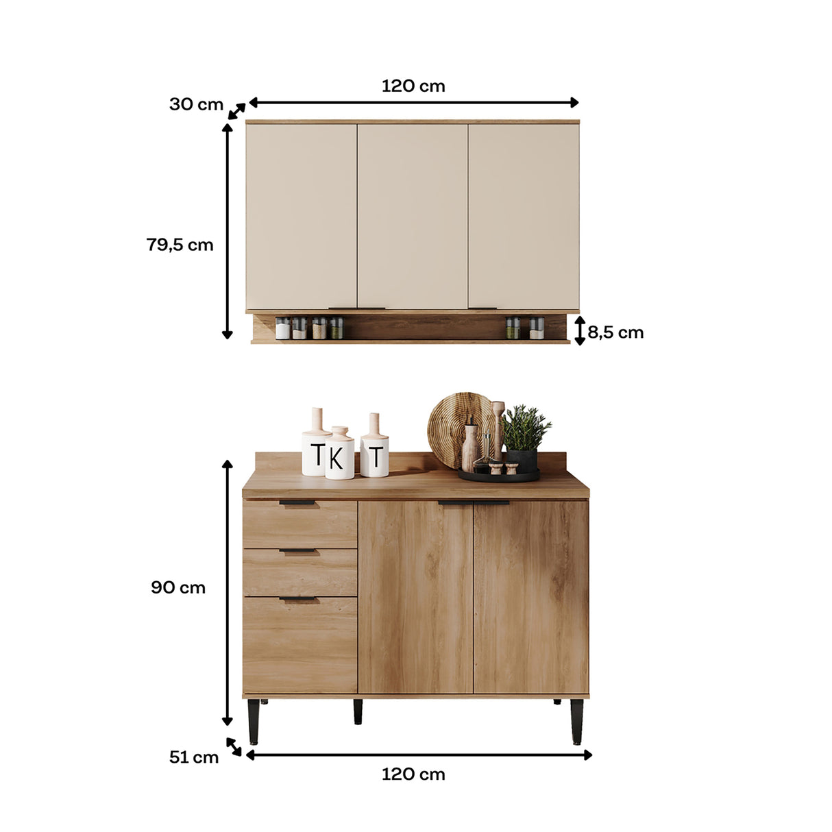 Cocina Integral Freijo y Beige 120x87.5cm Con Mesón Sin Pozuelo - Cocinas | Bylmo