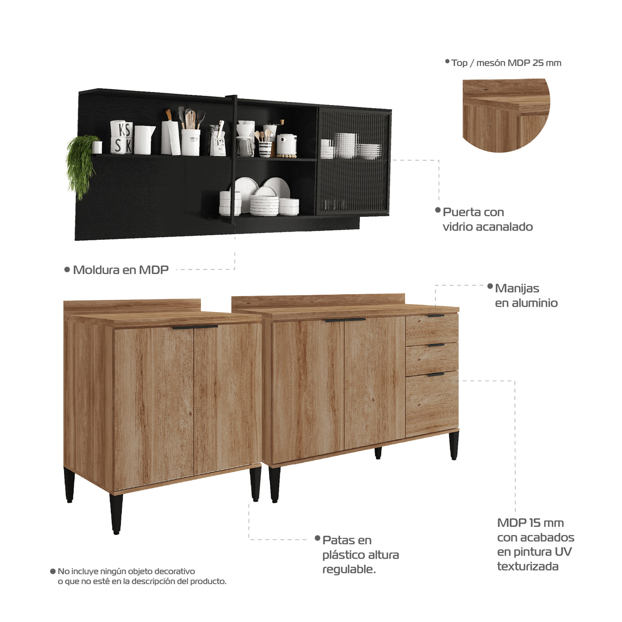 Cocina Integral Freijo y Grafito 200x79.5cm Con Mesón Sin Pozuelo y con Seis Puertas - Cocinas | Bylmo