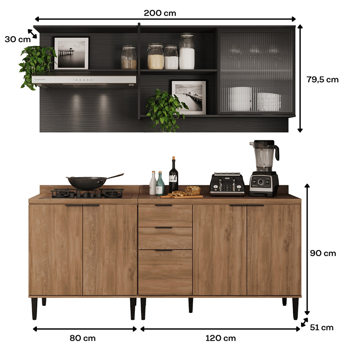 Cocina Integral Freijo y Grafito 200x79.5cm Con Mesón Sin Pozuelo y con Seis Puertas - Cocinas | Bylmo