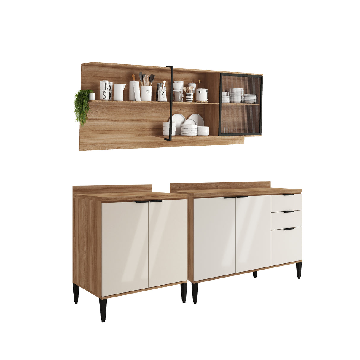 Cocina Integral Beige y Freijo 200x79.5cm Con Mesón Sin Pozuelo y con Seis Puertas - Cocinas | Bylmo