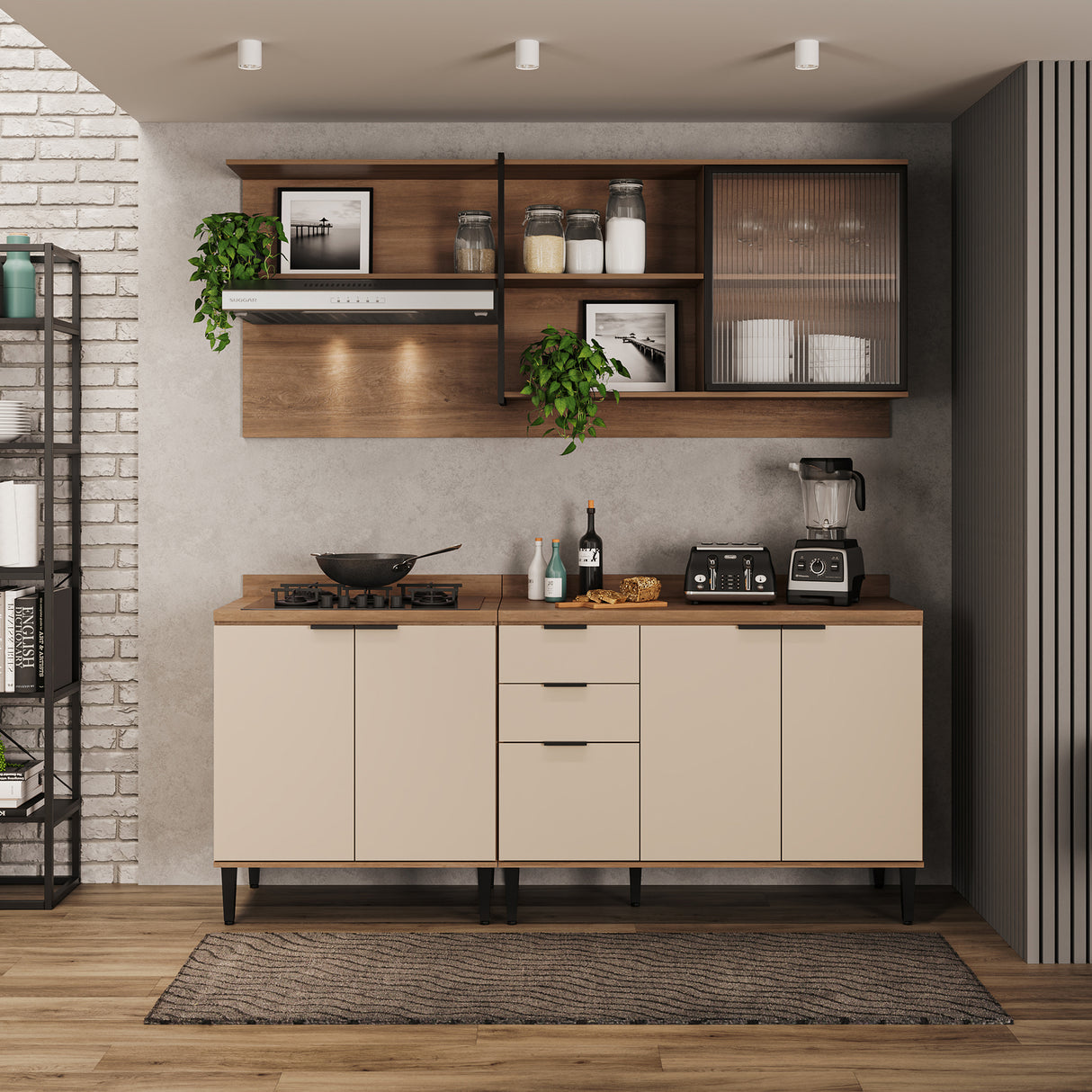 Cocina Integral Beige y Freijo 200x79.5cm Con Mesón Sin Pozuelo y con Seis Puertas - Cocinas | Bylmo