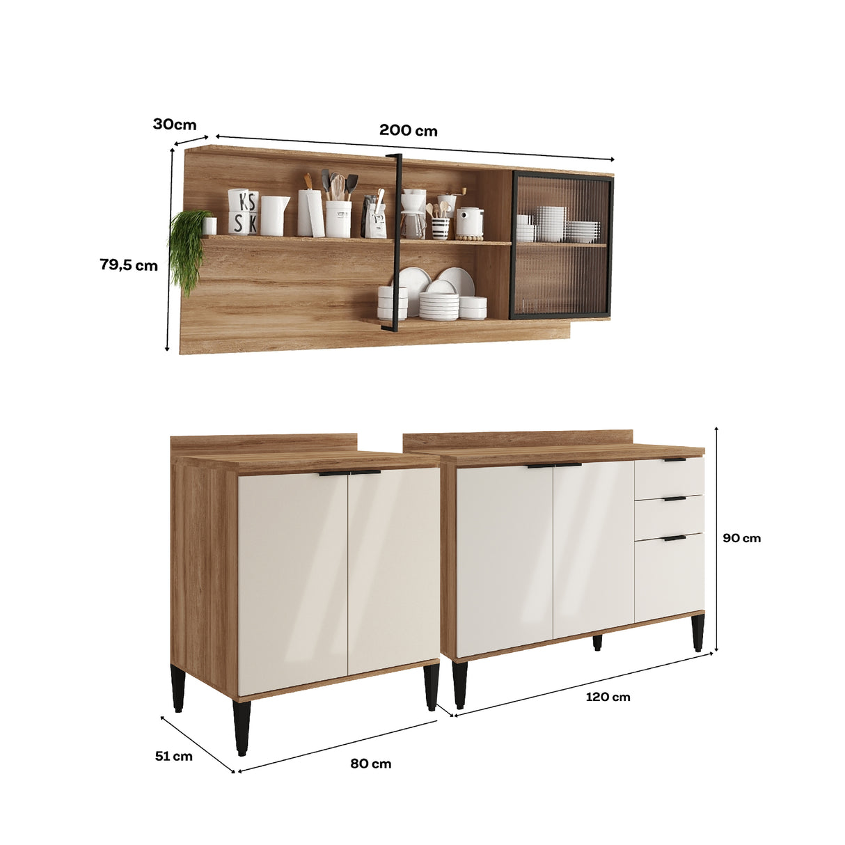 Cocina Integral Beige y Freijo 200x79.5cm Con Mesón Sin Pozuelo y con Seis Puertas - Cocinas | Bylmo