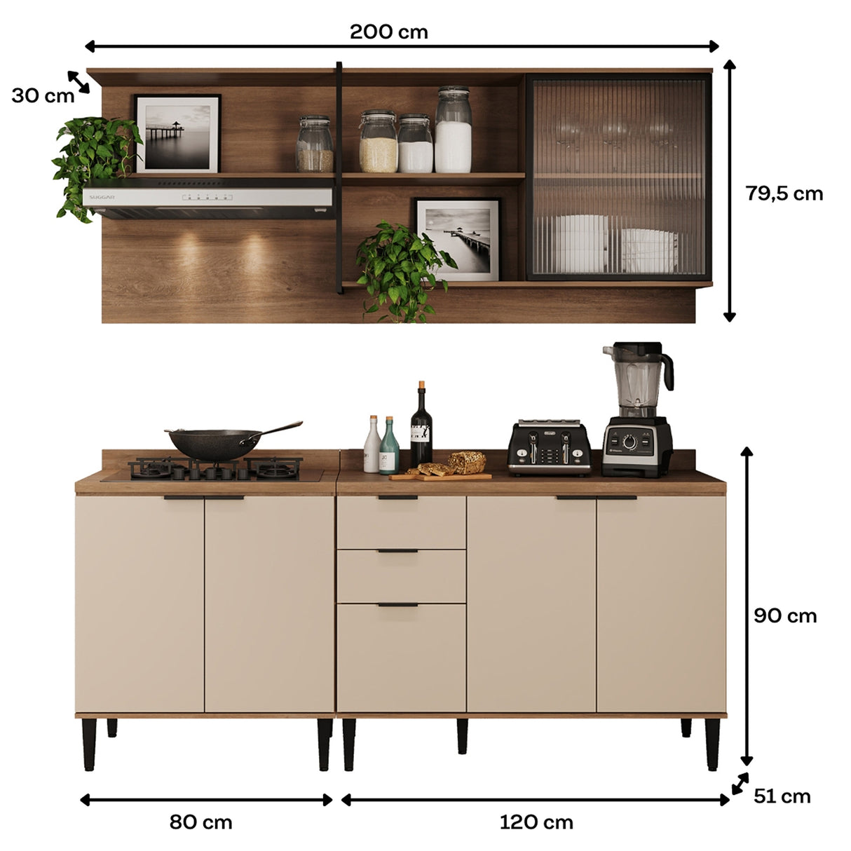 Cocina Integral Beige y Freijo 200x79.5cm Con Mesón Sin Pozuelo y con Seis Puertas - Cocinas | Bylmo
