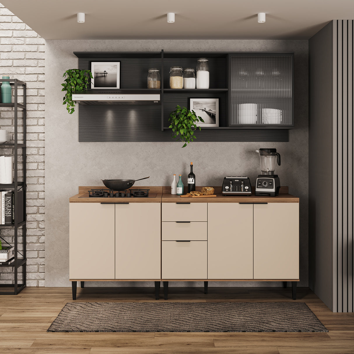 Cocina Integral Beige y Grafito 200x79.5cm Con Mesón y con Seis Puertas - Cocinas | Bylmo