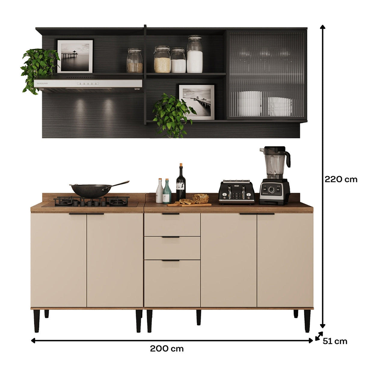 Cocina Integral Beige y Grafito 200x79.5cm Con Mesón y con Seis Puertas - Cocinas | Bylmo