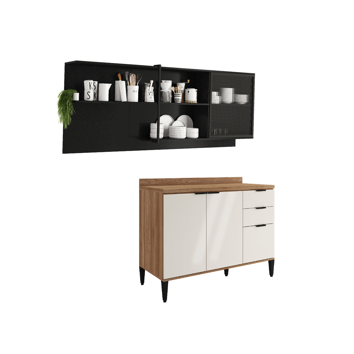 Cocina Integral Beige y Grafito 200x79.5cm Con Mesón Sin Pozuelo y con Cuatro Puertas - Cocinas | Bylmo
