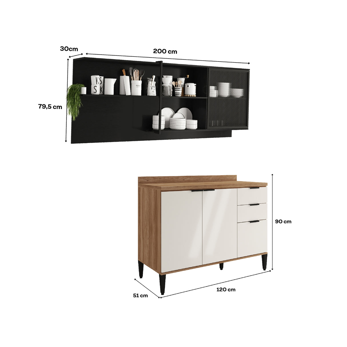 Cocina Integral Beige y Grafito 200x79.5cm Con Mesón Sin Pozuelo y con Cuatro Puertas - Cocinas | Bylmo
