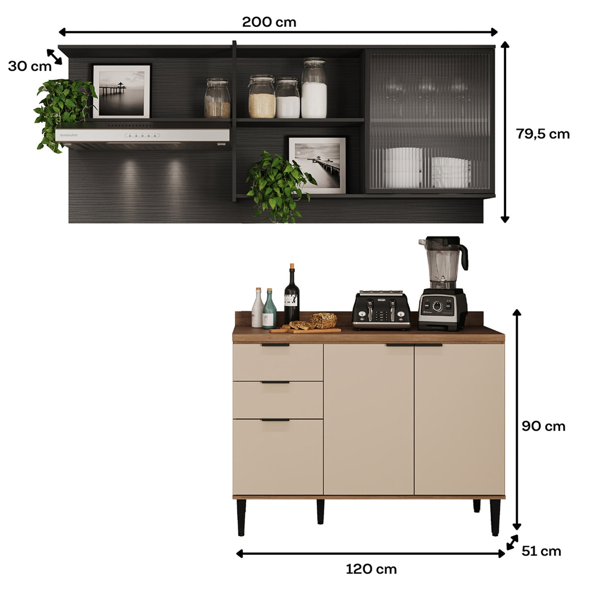 Cocina Integral Beige y Grafito 200x79.5cm Con Mesón Sin Pozuelo y con Cuatro Puertas - Cocinas | Bylmo