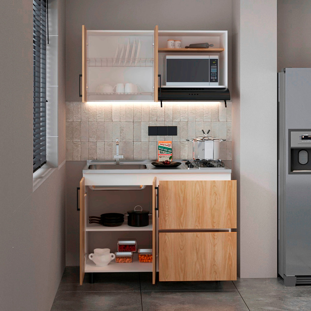 Cocina Cornell Fresno Europeo Blanco 119.7x90cm con Mesón y Pozuelo Izquierdo - Cocinas | Bylmo