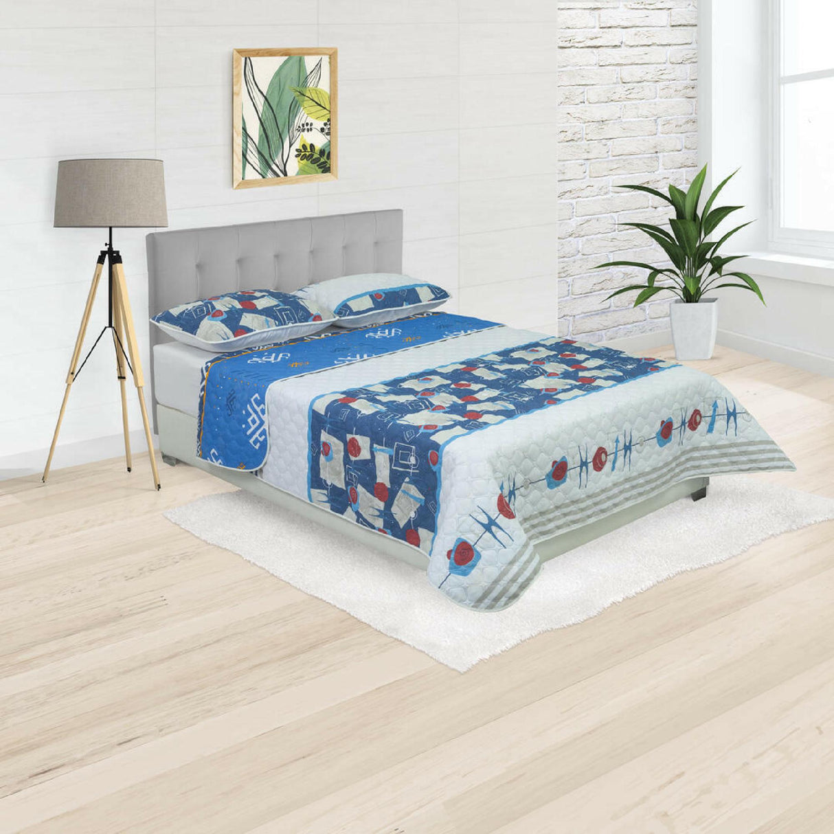 Cubrelecho Doble Faz Convex Blanco y Azul Para Cama King 200 X 200 Cm de Símbolos Espaciales - Tendidos y Cubrelechos | Bylmo