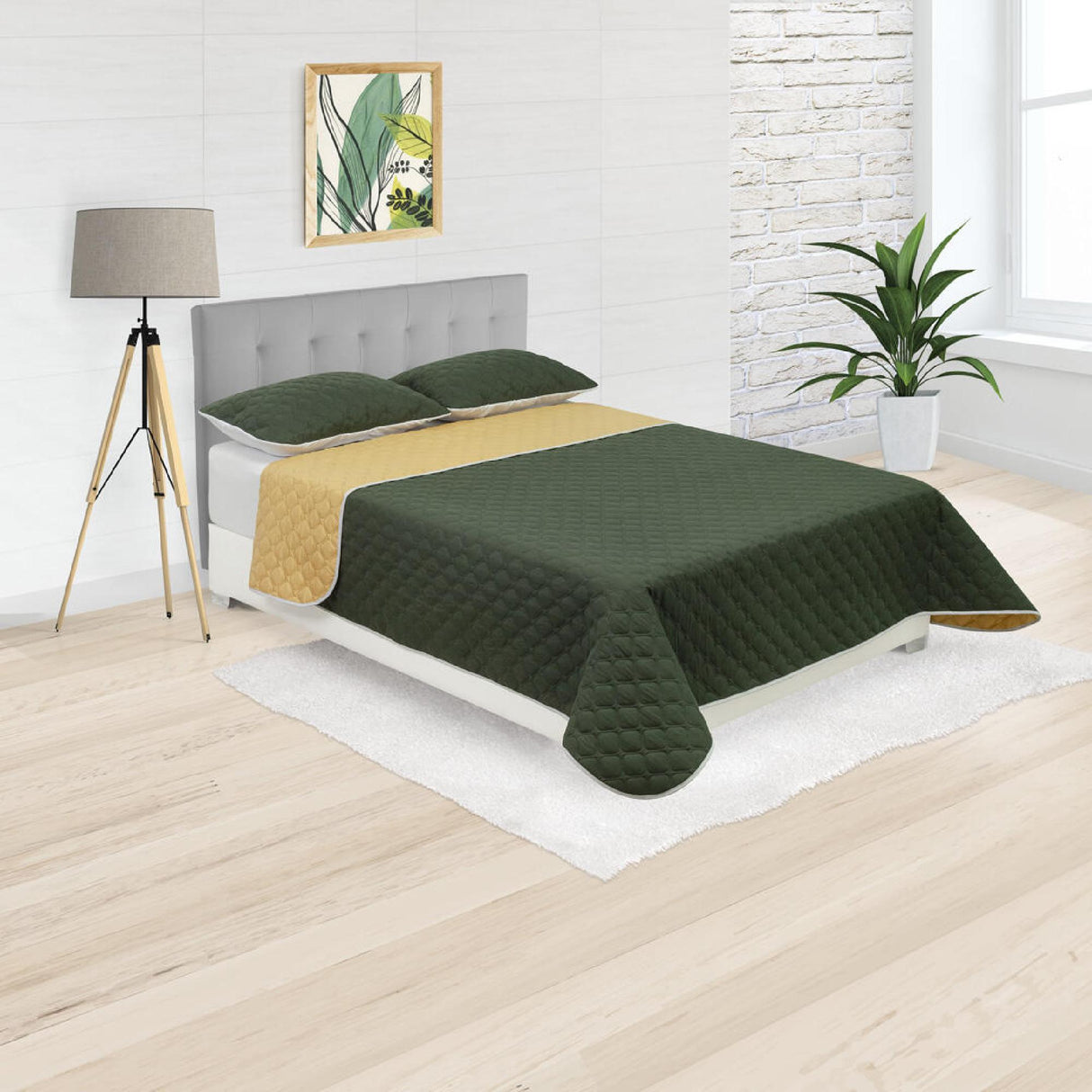 Cubrelecho Doble Faz Convex Verde Militar y Amarillo Para Cama King 200 X 200 Cm Fondo Entero - Tendidos y Cubrelechos | Bylmo