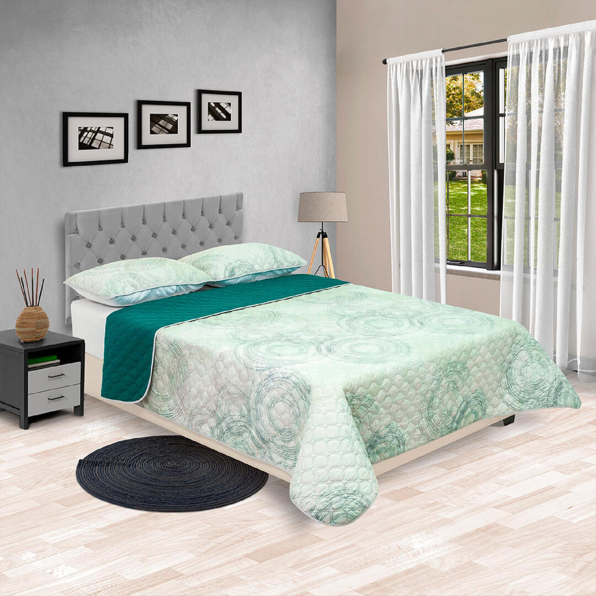 Cubrelecho Doble Faz Barcelona Verde Para Cama Doble 140 X 190 Cm de Círculos - Tendidos y Cubrelechos | Bylmo