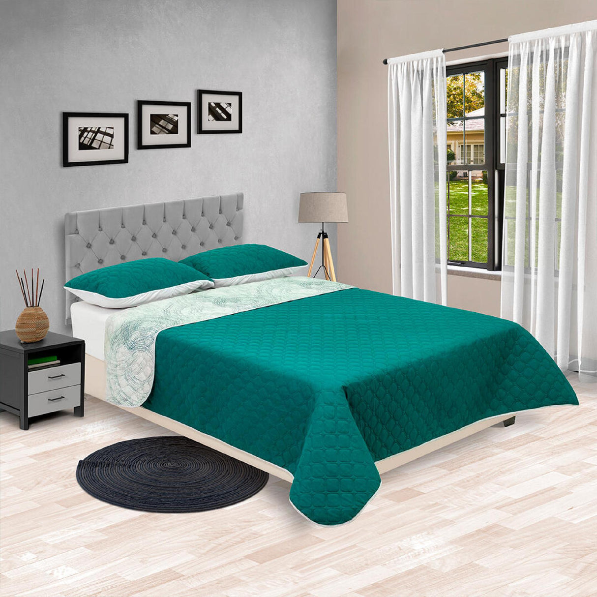 Cubrelecho Doble Faz Barcelona Verde Para Cama Doble 140 X 190 Cm de Círculos - Tendidos y Cubrelechos | Bylmo