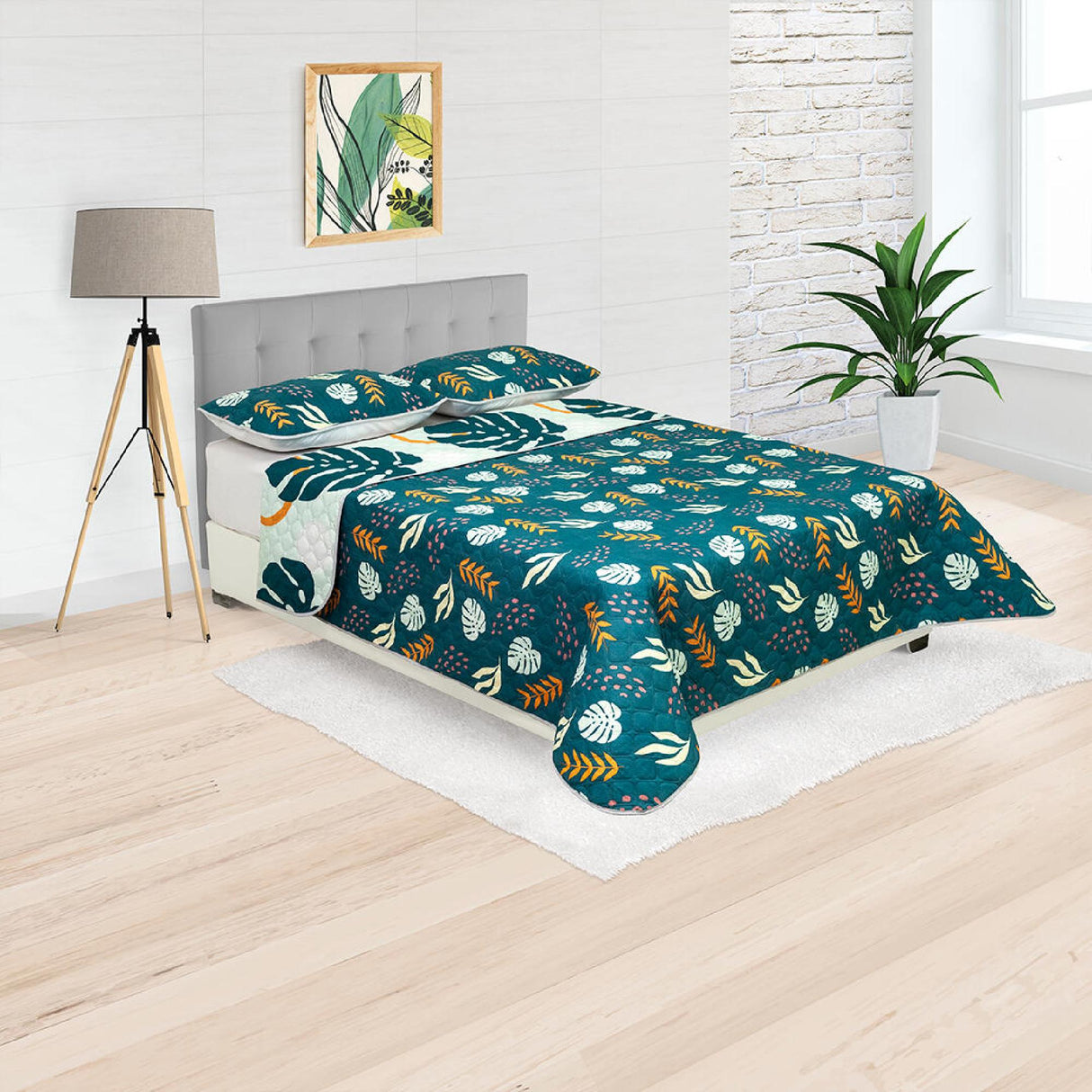Cubrelecho Doble Faz Style Verde Militar y Menta Para Cama Doble 140 X 190 Cm de Hojas Con Círculos - Tendidos y Cubrelechos | Bylmo