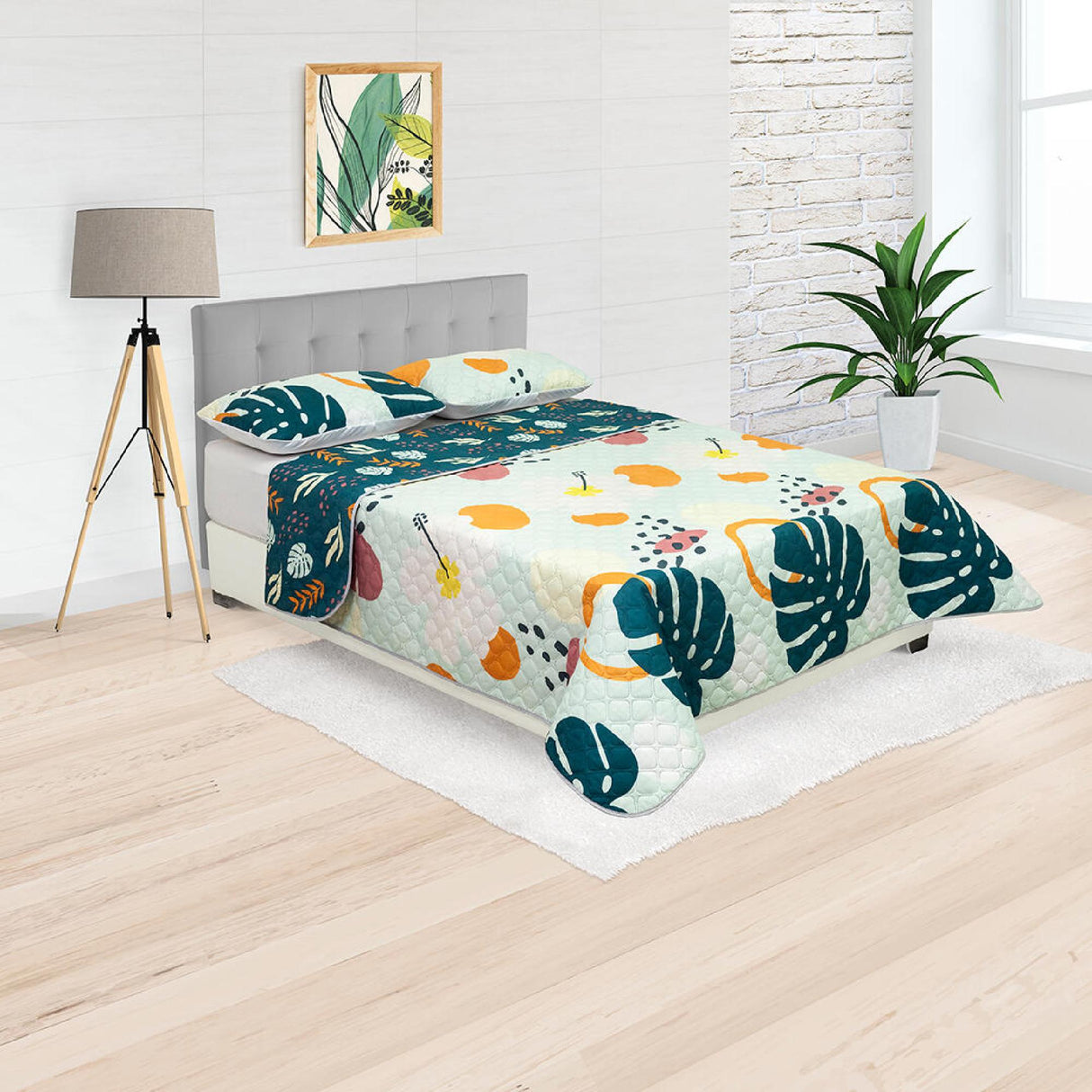 Cubrelecho Doble Faz Style Verde Militar y Menta Para Cama Doble 140 X 190 Cm de Hojas Con Círculos - Tendidos y Cubrelechos | Bylmo
