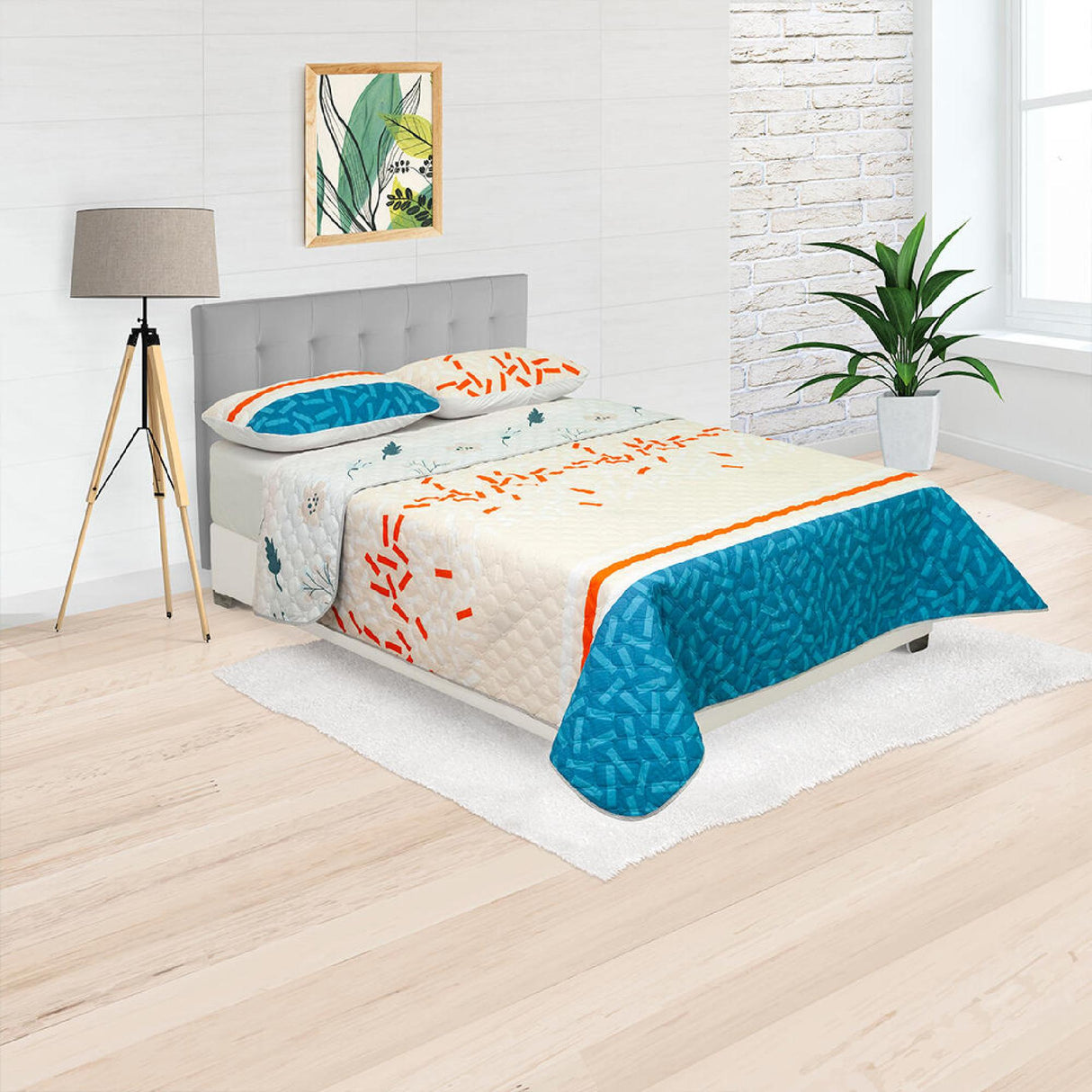 Cubrelecho Doble Faz Convex Camel y Azul Para Cama Doble 140 X 190 Cm de Líneas - Tendidos y Cubrelechos | Bylmo