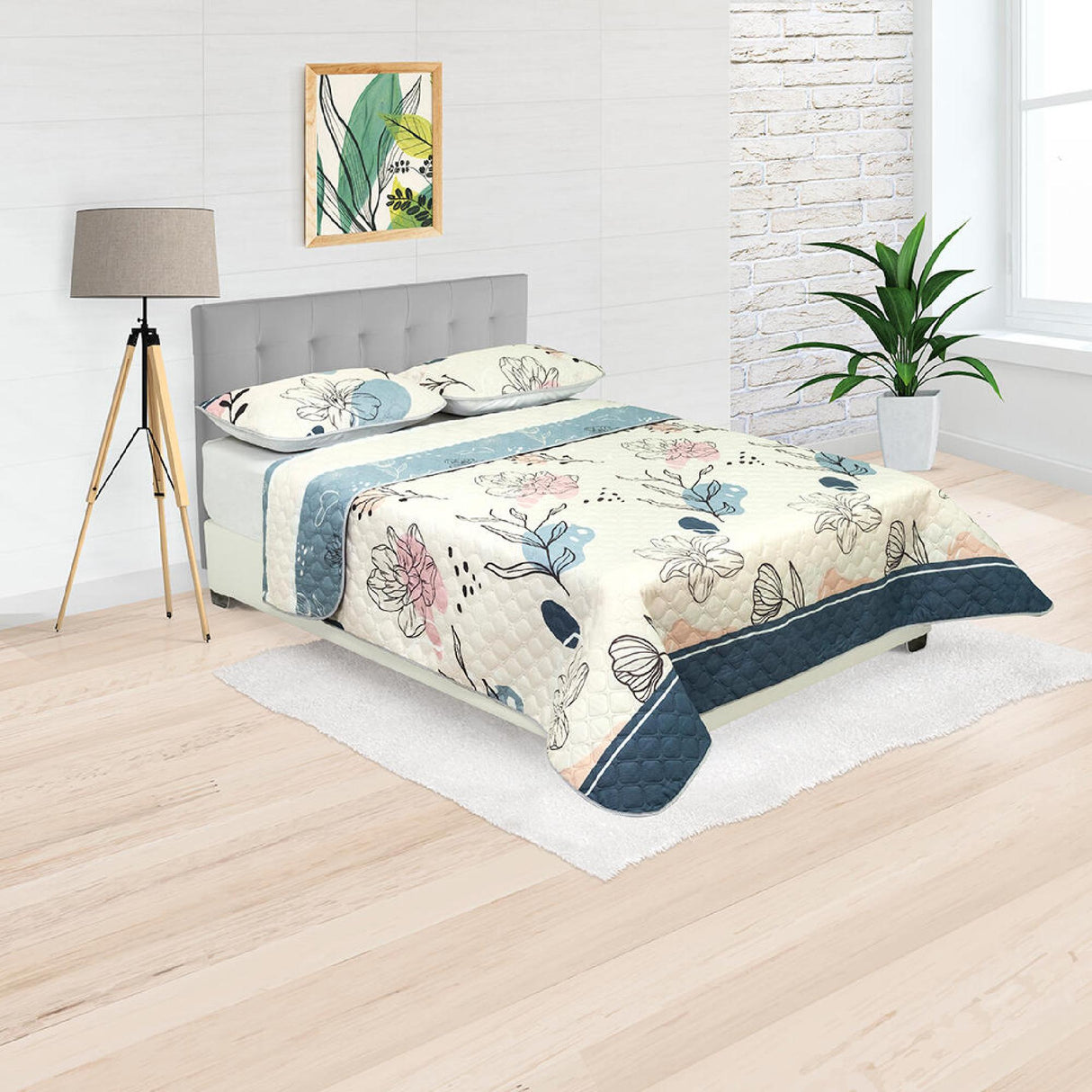 Cubrelecho Doble Faz Style Verde Menta Para Cama Queen 160 X 190 Cm de Hojas - Tendidos y Cubrelechos | Bylmo