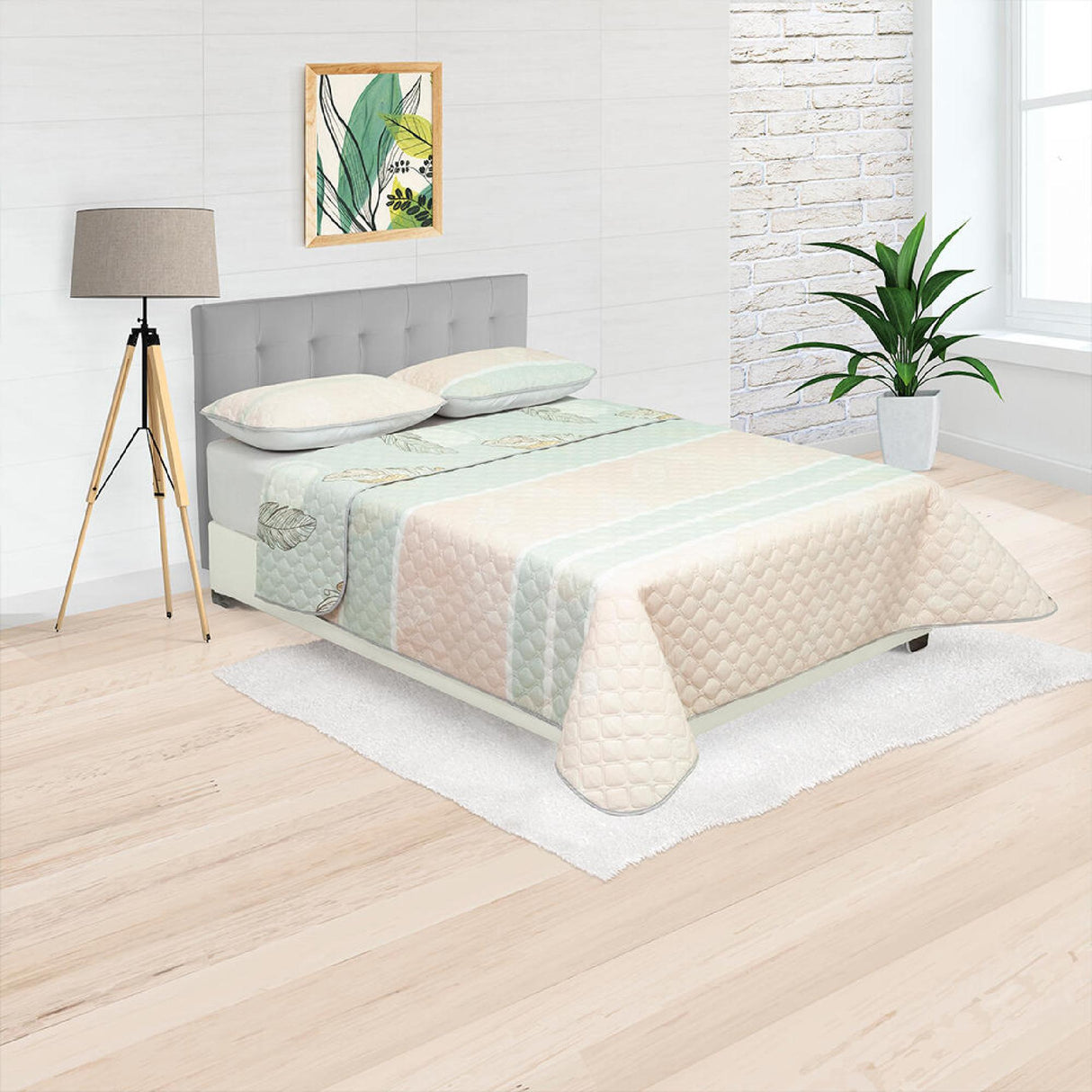 Cubrelecho Doble Faz Style Verde Menta Para Cama Queen 160 X 190 Cm de Hojas - Tendidos y Cubrelechos | Bylmo