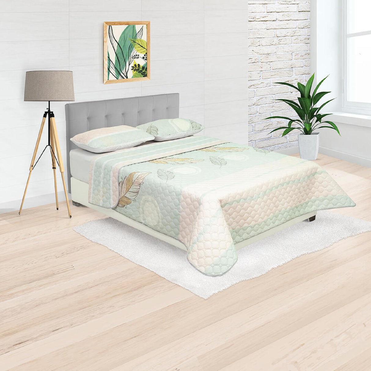 Cubrelecho Doble Faz Style Verde Menta Para Cama Queen 160 X 190 Cm de Hojas - Tendidos y Cubrelechos | Bylmo
