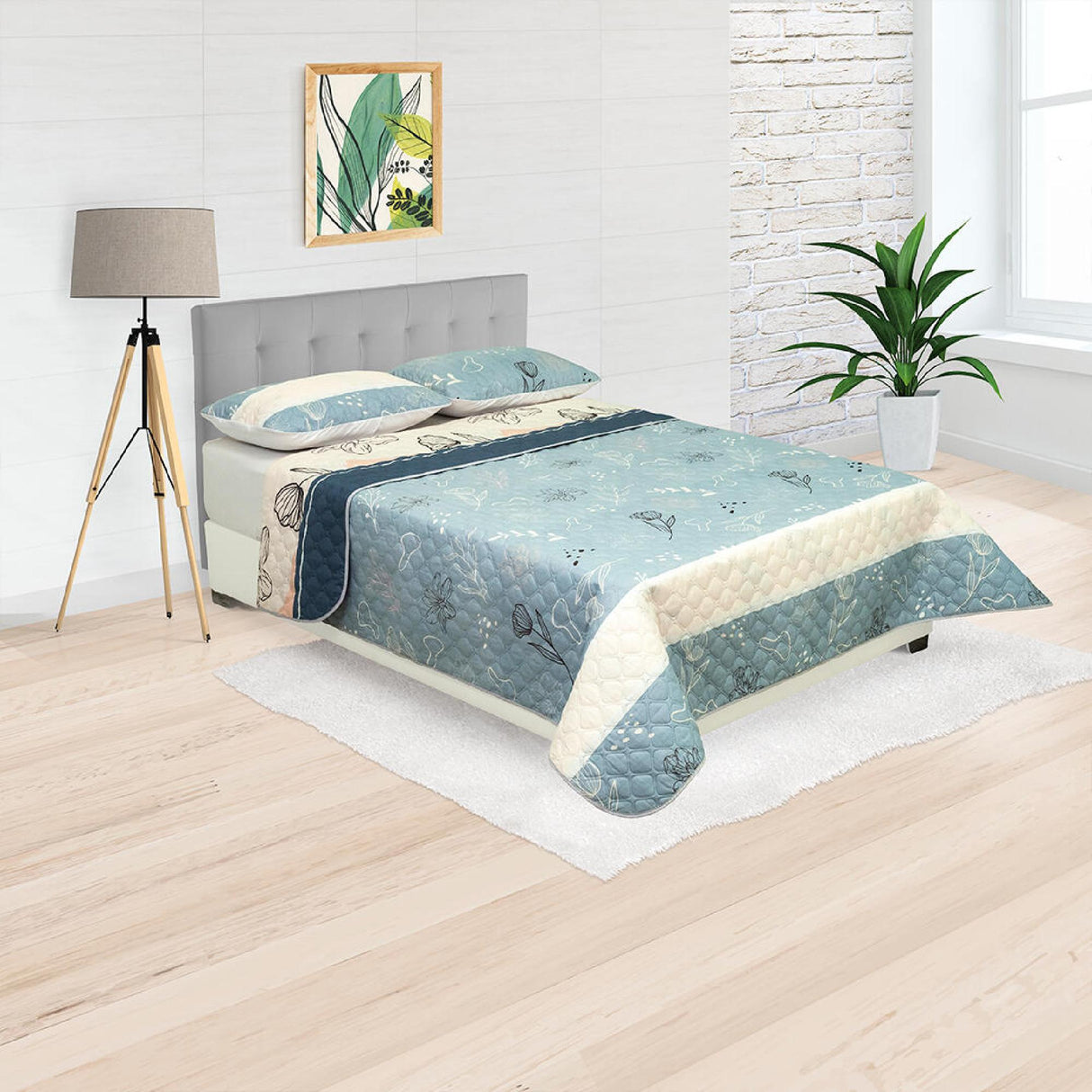Cubrelecho Doble Faz Style Azul Celeste Para Cama Doble 140 X 190 Cm de Flores - Tendidos y Cubrelechos | Bylmo