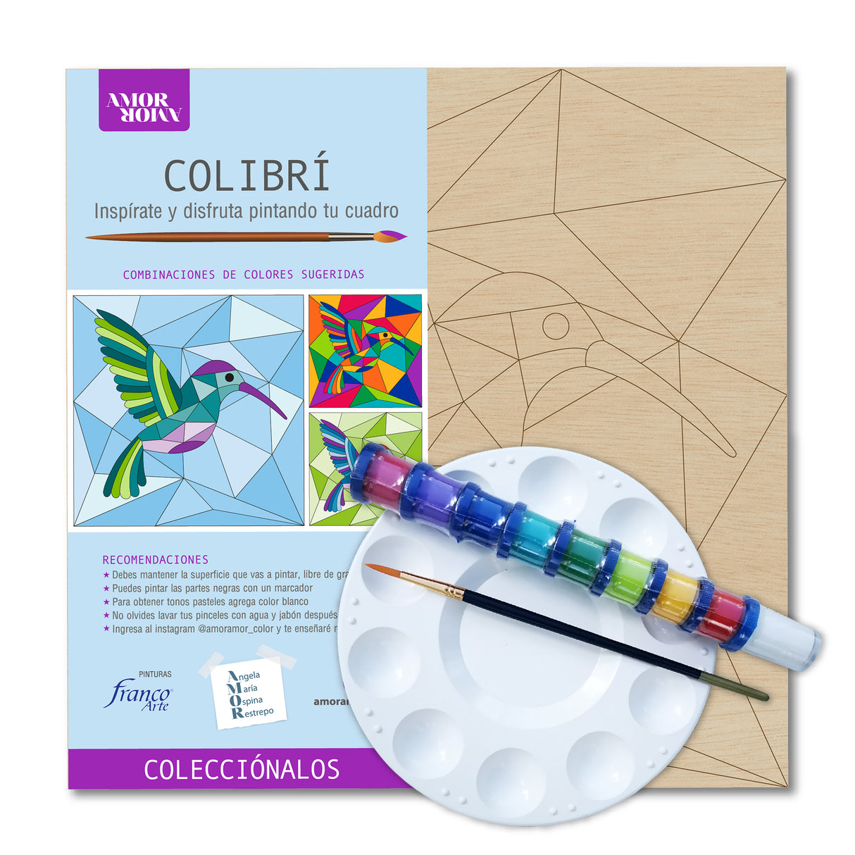 Kit Cuadro para Pintar Colibrí en MDF 30x30cm con Acrílicos y Pincel - Cuadros | Bylmo