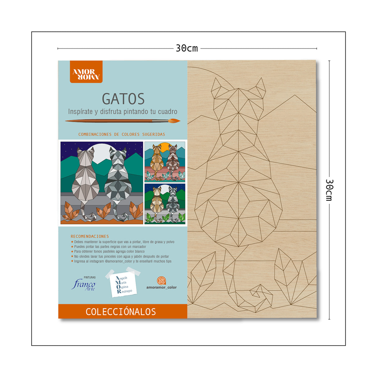 Kit Cuadro para Pintar Gatos en MDF 30x30cm con Acrílicos y Pincel - Cuadros | Bylmo