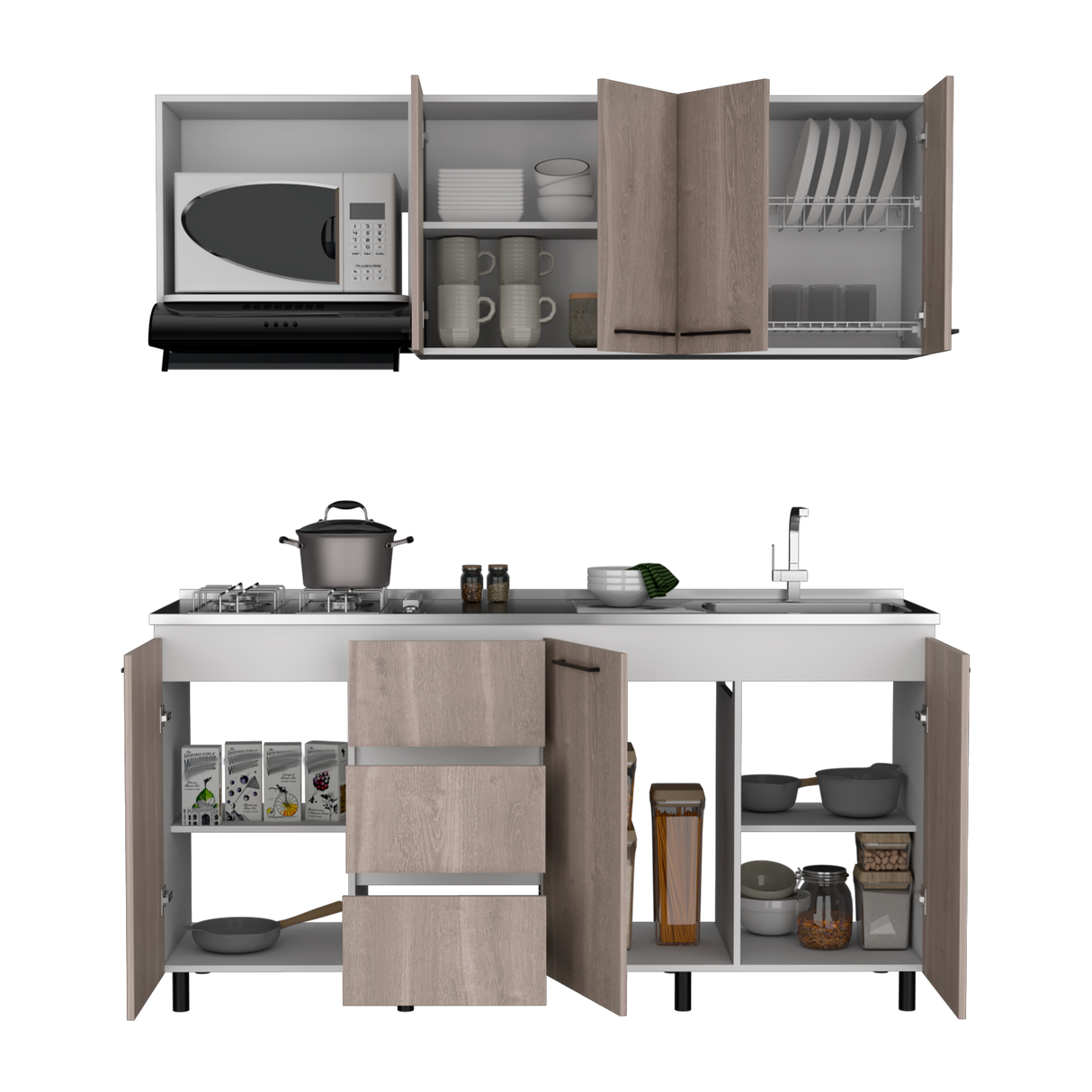 Cocina Erie Bardolino y Blanco 180x60cm Con Mesón Pozuelo Derecho y Con Estufa - Cocinas | Bylmo