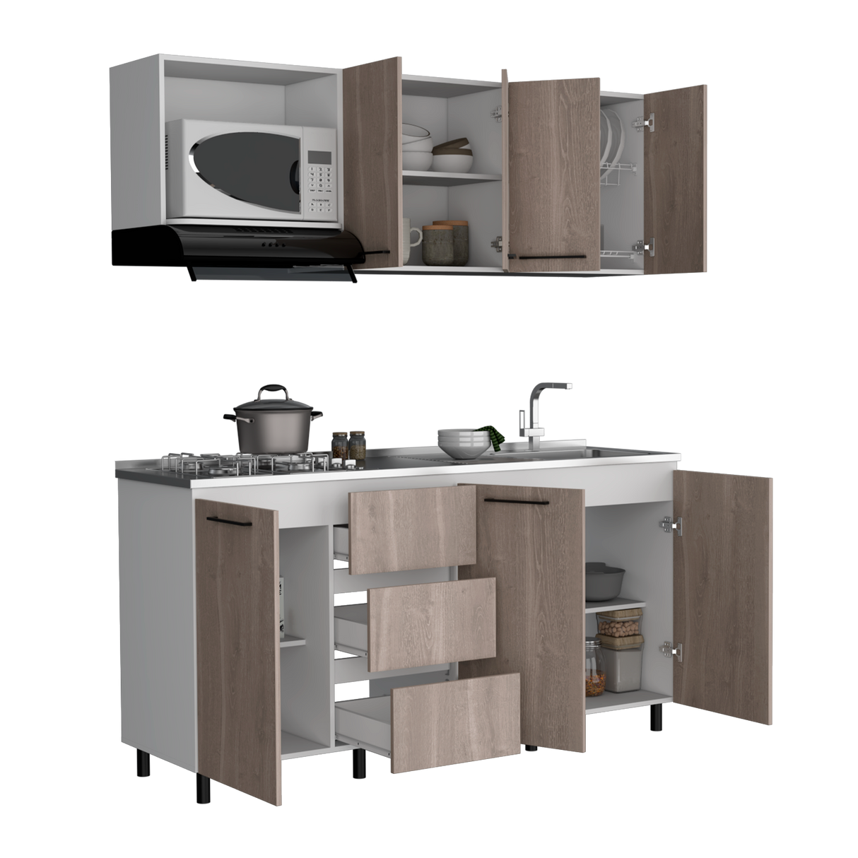 Cocina Erie Bardolino y Blanco 180x60cm Con Mesón Pozuelo Derecho y Con Estufa - Cocinas | Bylmo