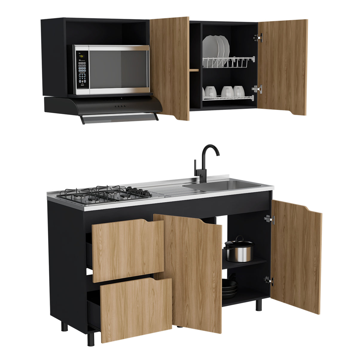 Cocina Maui Wengue y Fresno Europeo 150x60cm Con Mesón Pozuelo Derecho y Con Estufa - Cocinas | Bylmo