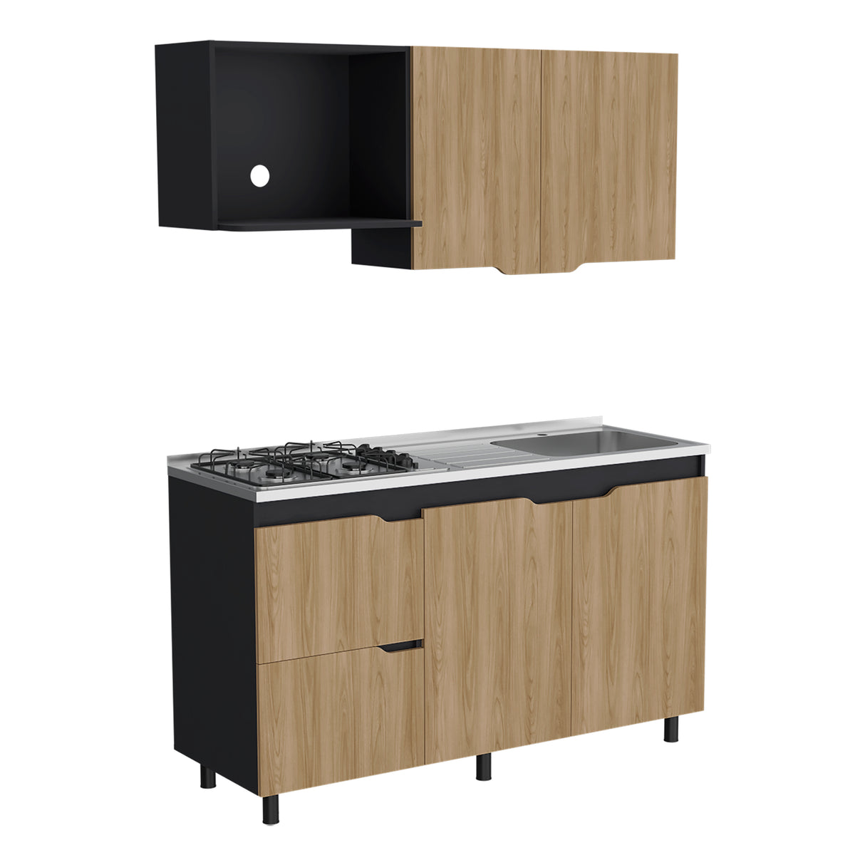 Cocina Maui Wengue y Fresno Europeo 150x60cm Con Mesón Pozuelo Derecho y Con Estufa - Cocinas | Bylmo