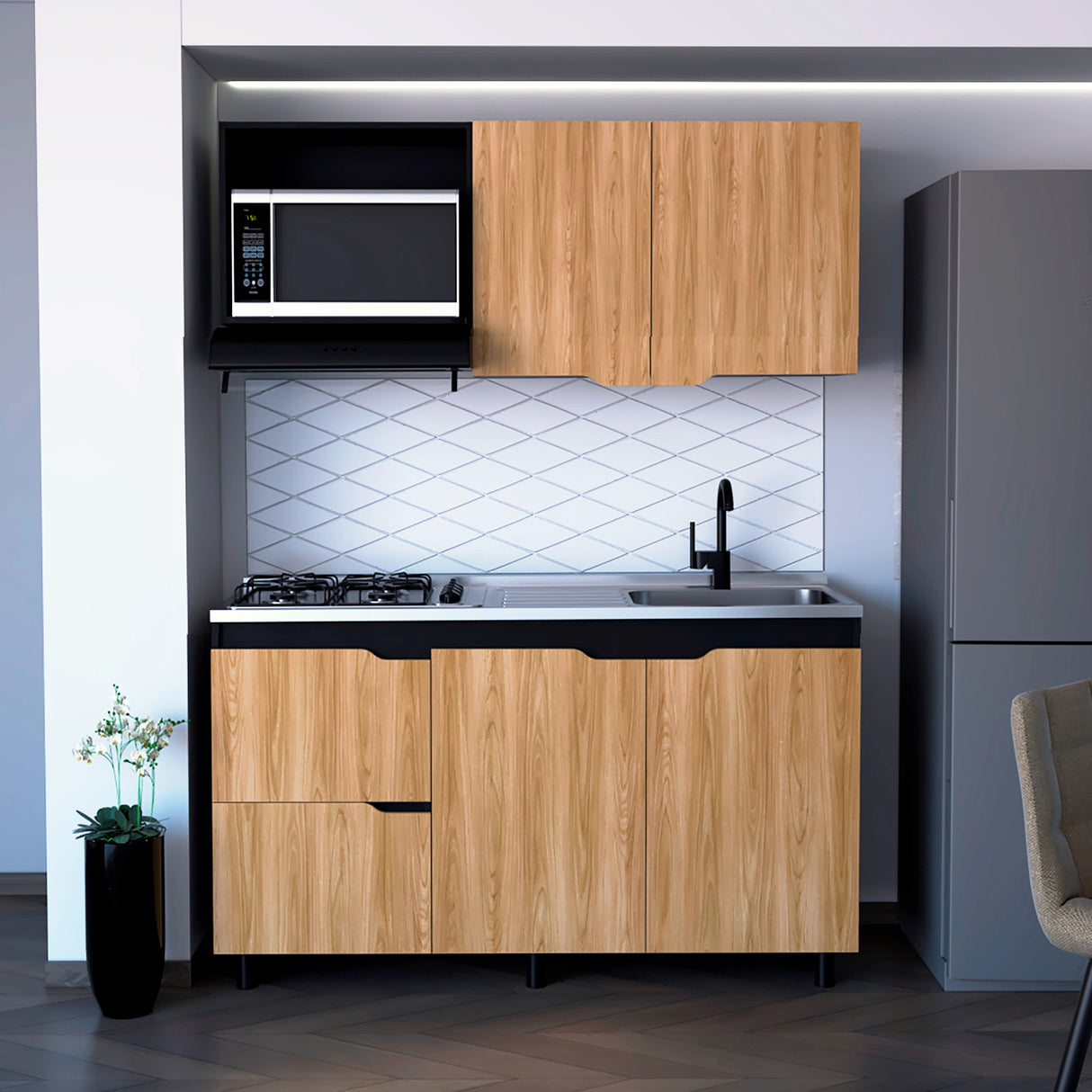 Cocina Maui Wengue y Fresno Europeo 150x60cm Con Mesón Pozuelo Derecho y Con Estufa - Cocinas | Bylmo