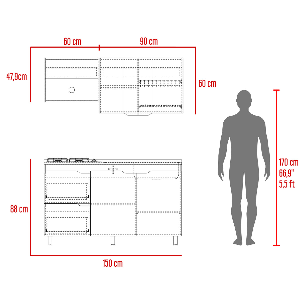 Cocina Maui Wengue y Fresno Europeo 150x60cm Con Mesón Pozuelo Derecho y Con Estufa - Cocinas | Bylmo