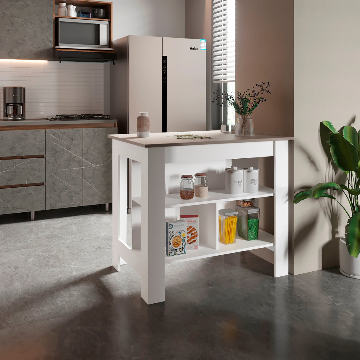 Isla de Cocina Cala Taupe y Blanco 103x90cm Con Tres Entrepaños y Patas - Barras y Muebles Auxiliares | Bylmo