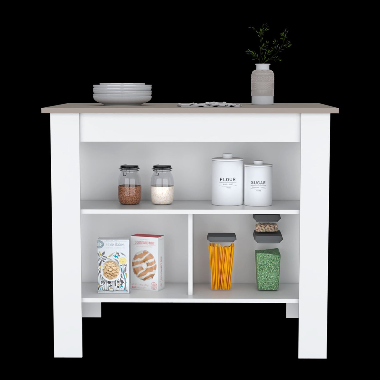 Isla de Cocina Cala Taupe y Blanco 103x90cm Con Tres Entrepaños y Patas - Barras y Muebles Auxiliares | Bylmo