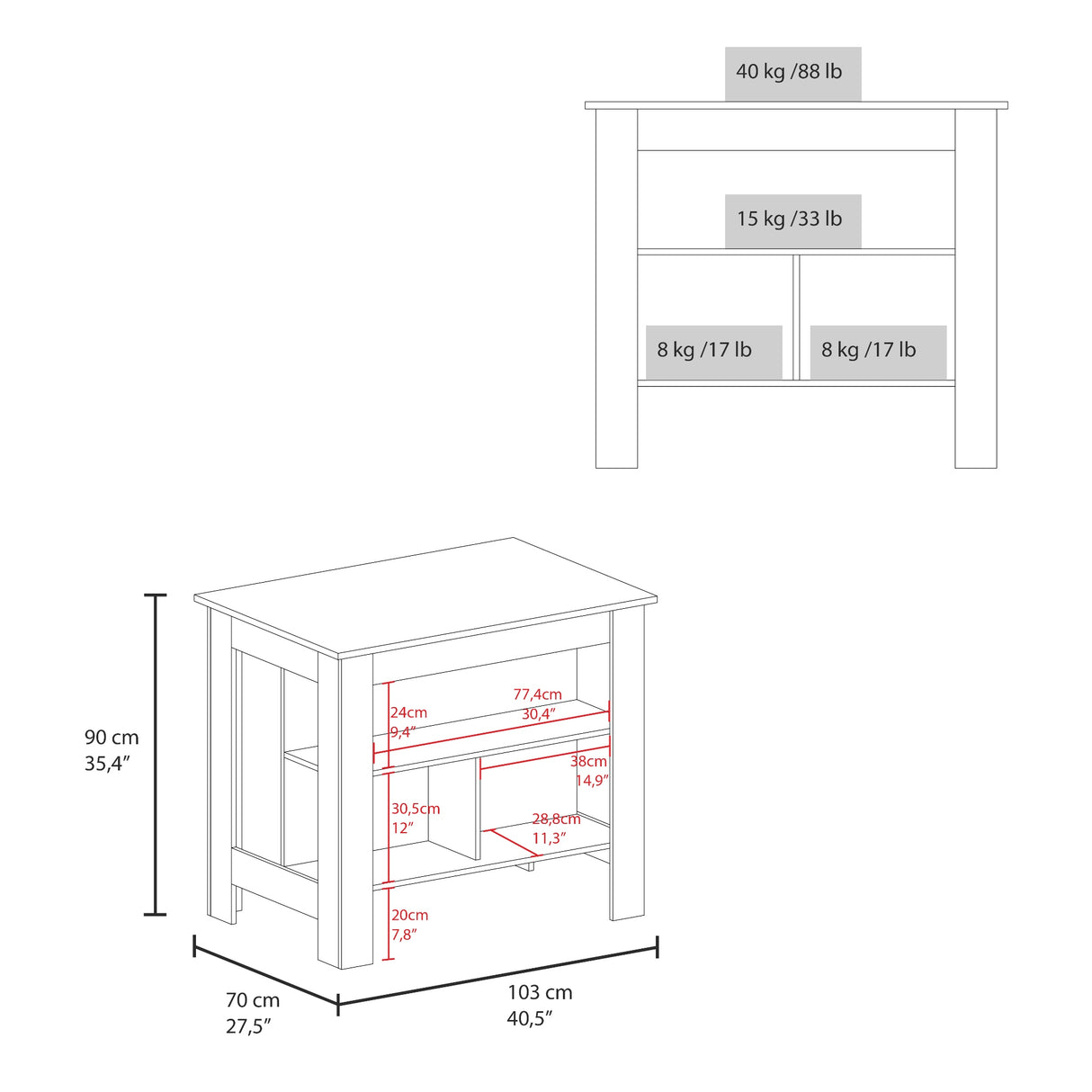Isla de Cocina Cala Taupe y Blanco 103x90cm Con Tres Entrepaños y Patas - Barras y Muebles Auxiliares | Bylmo