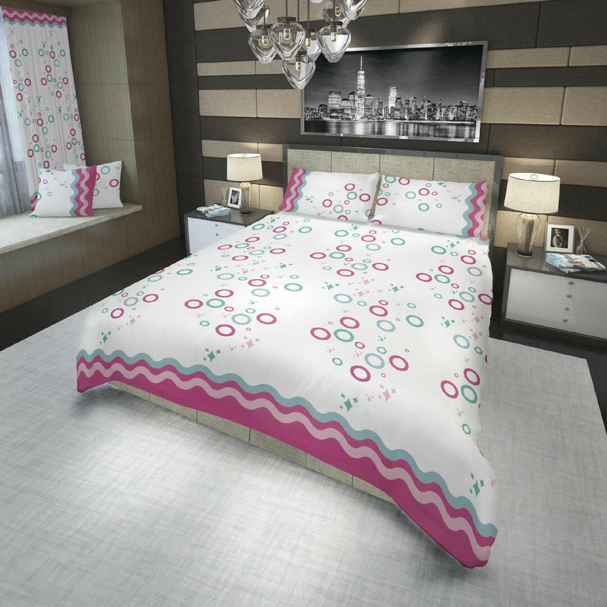 Juego de Sabanas Basic Circles Stars Blanco y Fucsia 180 Hilos - SABANAS | Bylmo