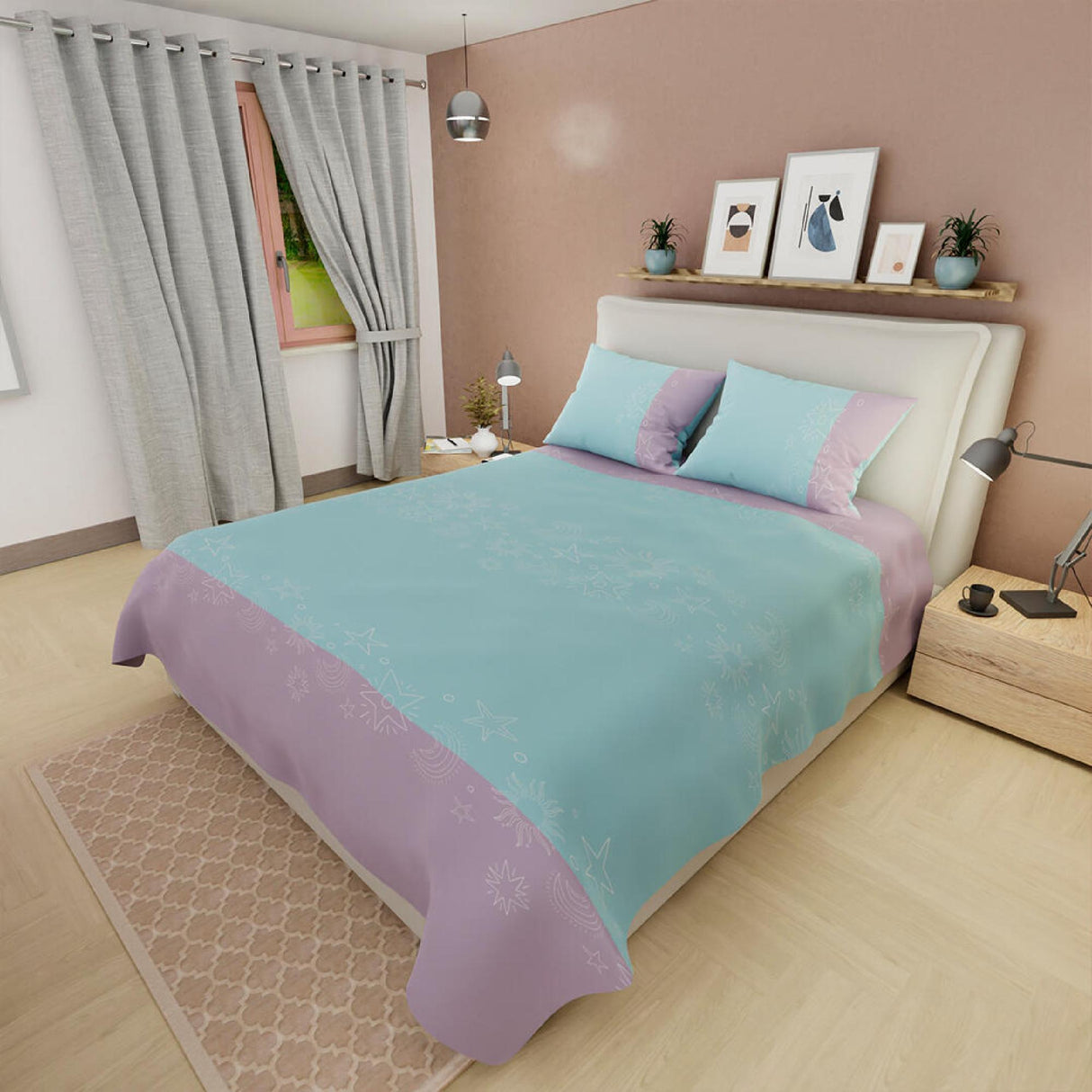 Juego de Sabanas Basic Estrellas y Lunas Doble 140x190cm Azul Grisaceo - Sabanas | Bylmo