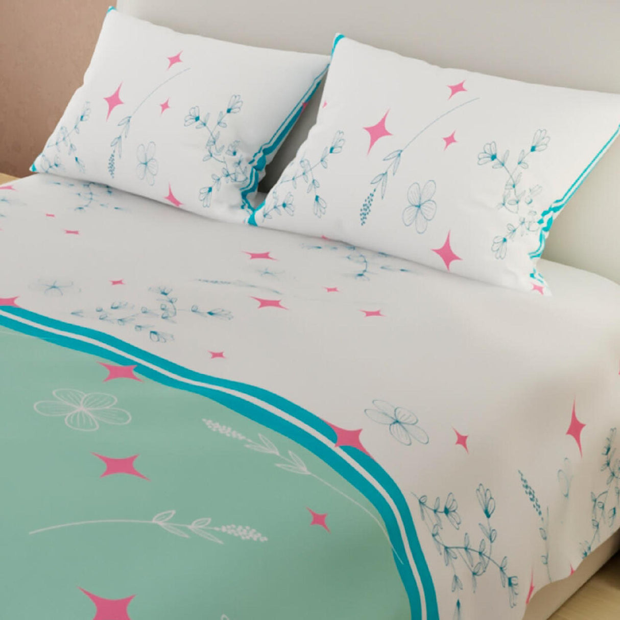 Juego de Sabanas Basic Estrellas y Flores Blanco y Verde Aguamarina - Sabanas | Bylmo