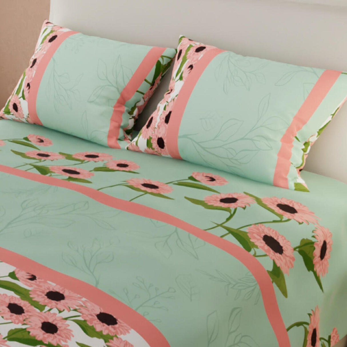 Juego de Sabanas Basic Verde Rosado Girasoles. Moderno y Suave. 4 Piezas. 120x190cm. - Sabanas | Bylmo