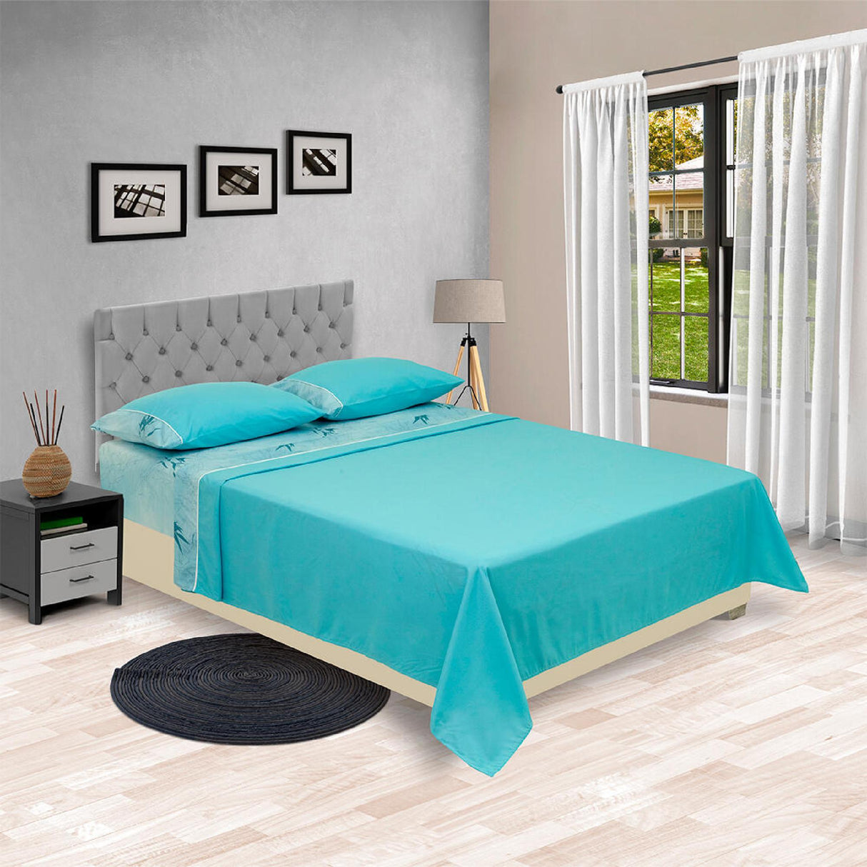 Juego de Sabanas Barcelona Cosmopolita 4 piezas 160x190 cm Azul Aguamarina Microfibra suavizada - Sabanas | Bylmo