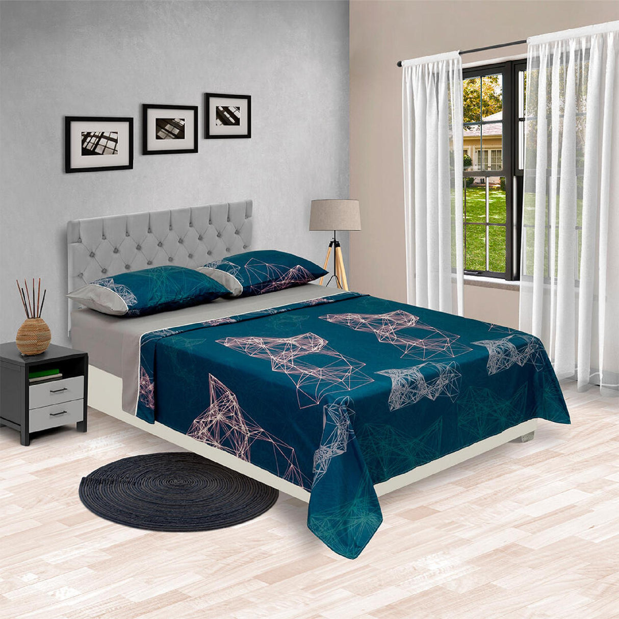 Juego de Sabanas Barcelona Cosmopolita Doble 140x190cm GrisAzul Microfibra Suavizada - Sabanas | Bylmo