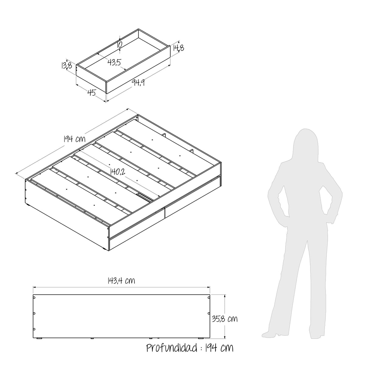 Cama Chicago Blanco Para Cama Doble 140 X 190 Con Cabecero y Almacenamiento - Camas | Bylmo