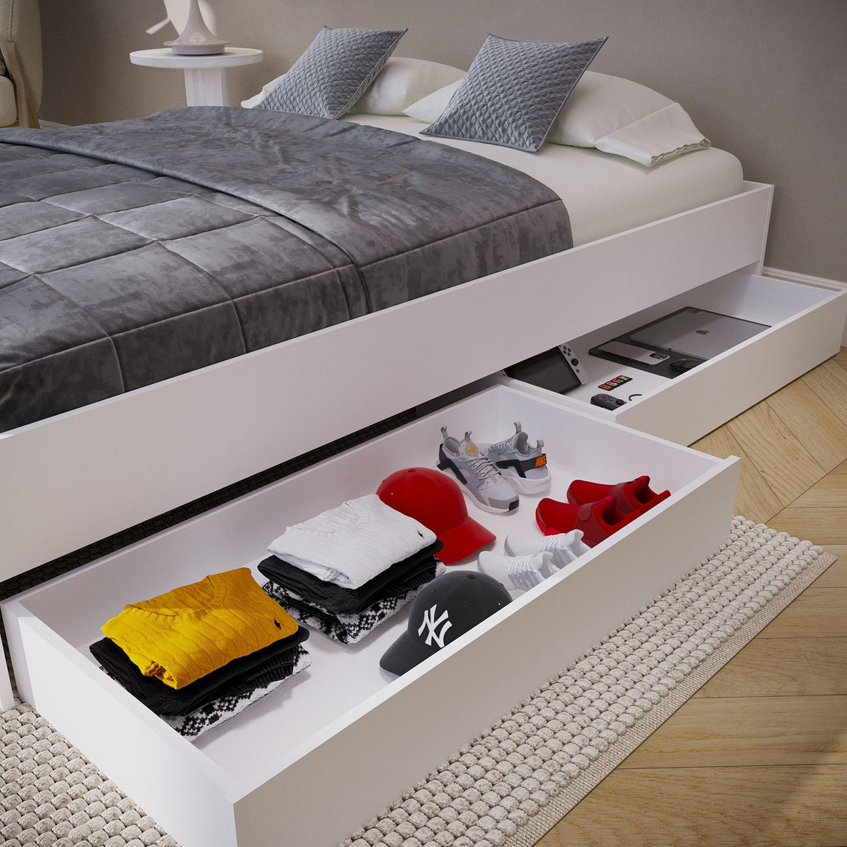 Cama Chicago Blanco Para Cama Doble 140 X 190 Con Cabecero y Almacenamiento - Camas | Bylmo
