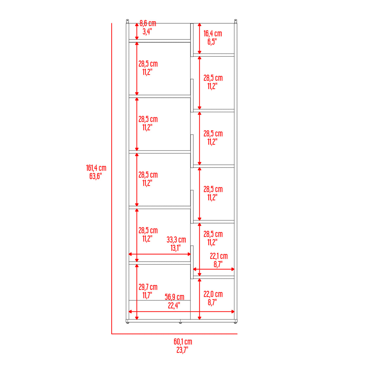 Estantería Clover Fresno Europeo 162x60cm Rectangular con Diez Entrepaños - BIBLIOTECAS Y ESTANTERIAS | Bylmo