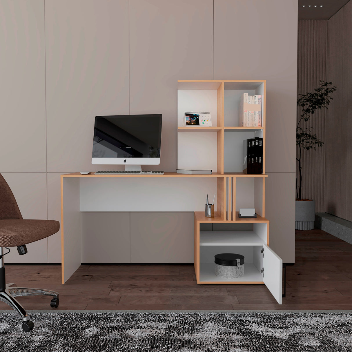 Escritorio Vance Fresno Europeo y Blanco 140x140cm Con Organizador de Libros y Archivador - ESCRITORIOS | Bylmo