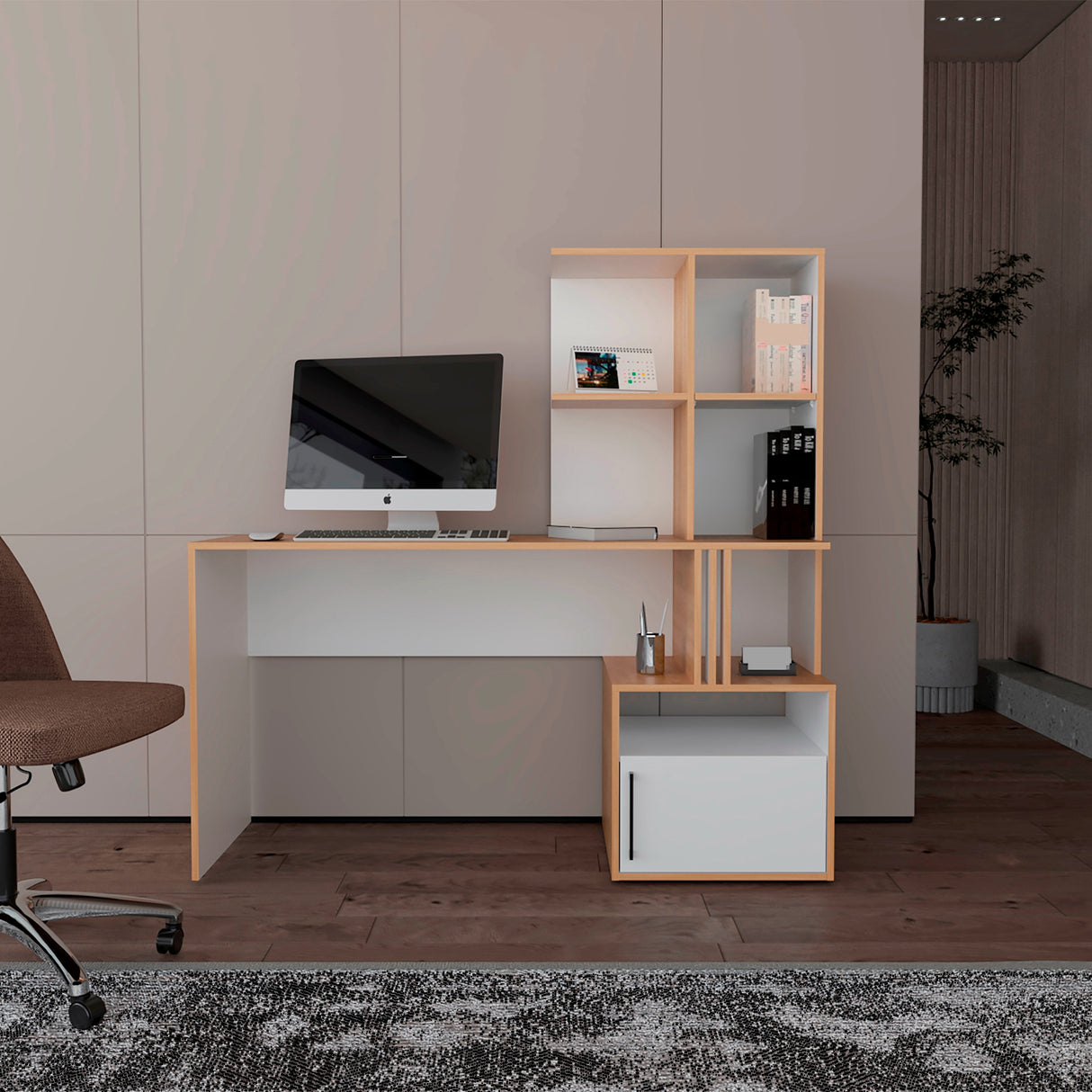 Escritorio Vance Fresno Europeo y Blanco 140x140cm Con Organizador de Libros y Archivador - ESCRITORIOS | Bylmo