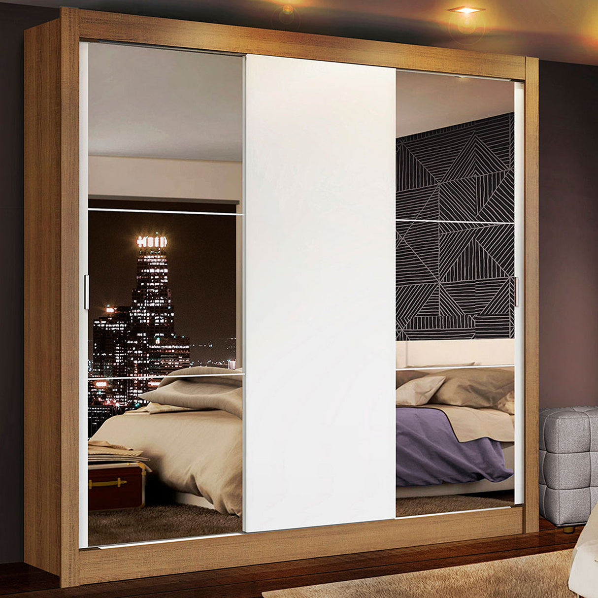 Closet Mônaco Marron y Blanco 210x25.7cm con Cuatro Entrepaños Tres Puertas y Con Espejo - CLOSETS | Bylmo