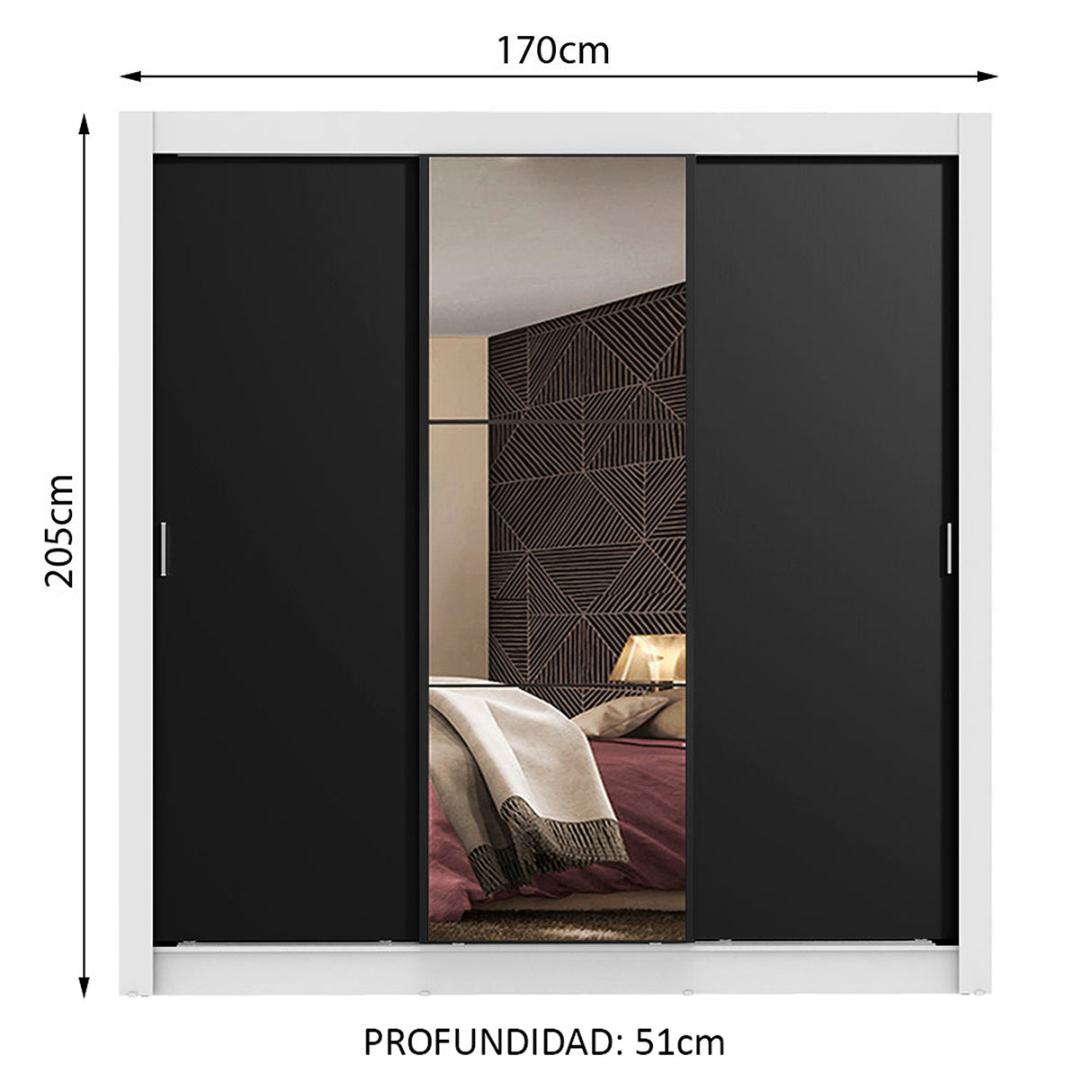 Closet Mônaco Blanco y Negro 210x21.4cm con Cuatro Entrepaños Tres Puertas y Con Espejo - CLOSETS | Bylmo