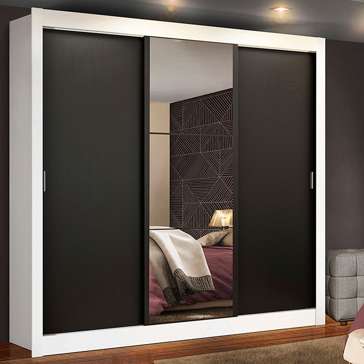 Closet Mônaco Blanco y Negro 210x21.4cm con Cuatro Entrepaños Tres Puertas y Con Espejo - CLOSETS | Bylmo